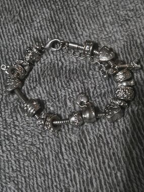 Silver Charm Bracelet with Heart and Decorative Beads